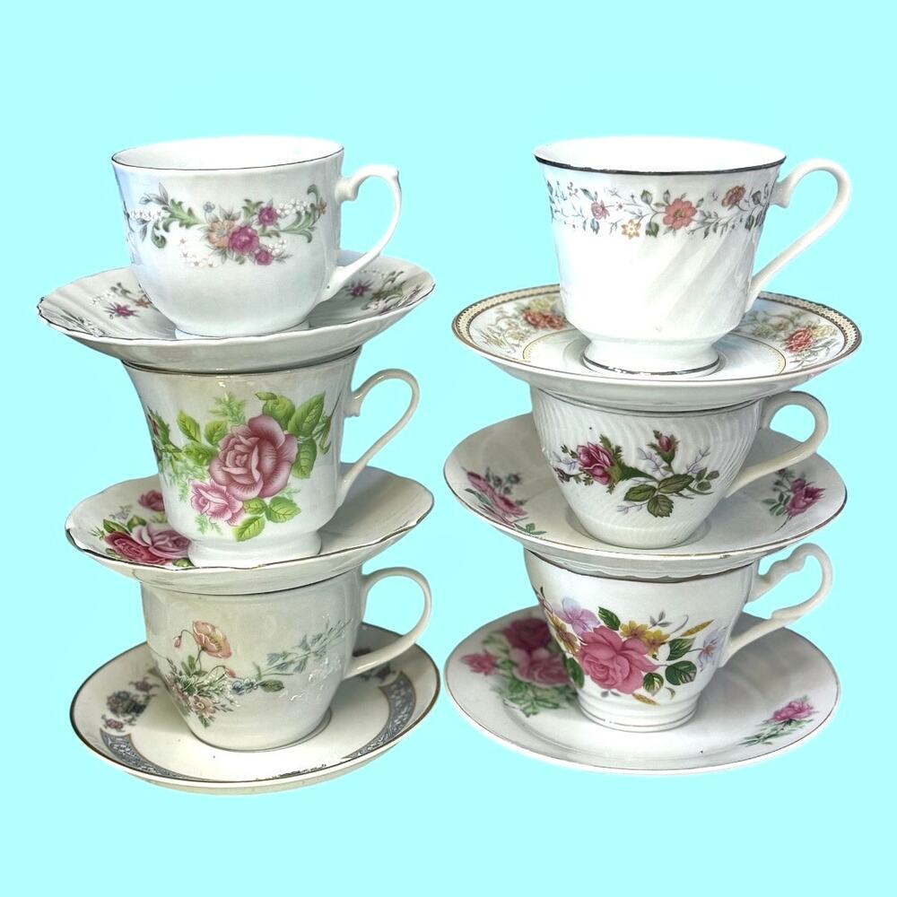 Vintage tea cup and saucer set of 6 mismatched tea party